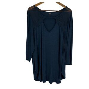 Torrid Boho Moody Key Hole Tunic Blouse Dark Blue Embroidery 3/4 Sleeves Size 3X